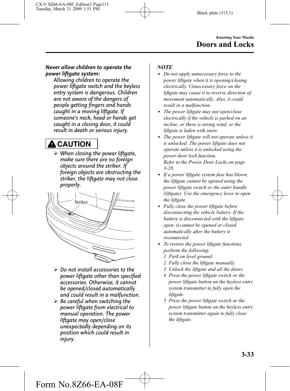 Doors and locks, Caution | Mazda 2009 CX-9 User Manual | Page 115 / 538