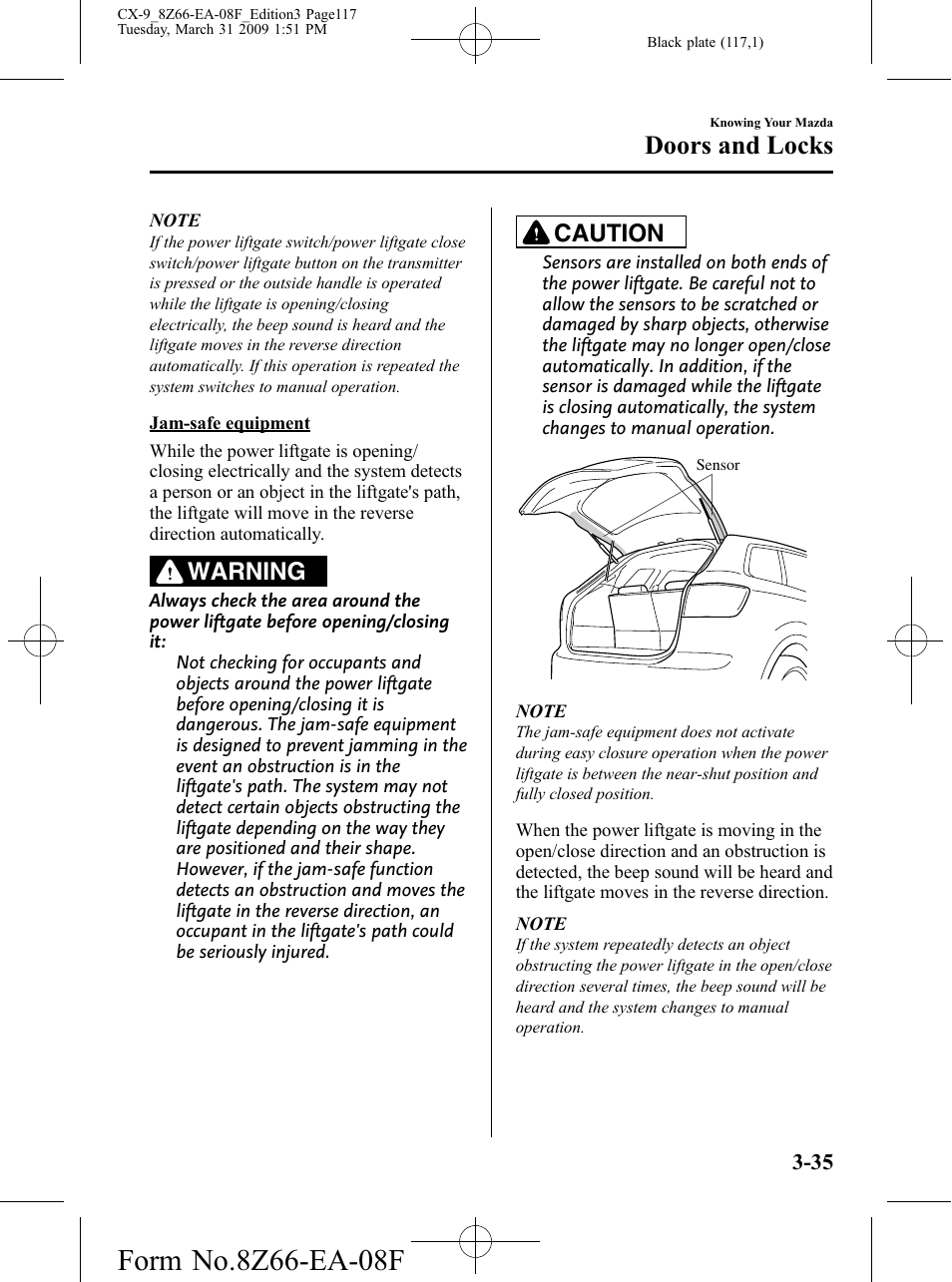 Doors and locks, Warning, Caution | Mazda 2009 CX-9 User Manual | Page 117 / 538