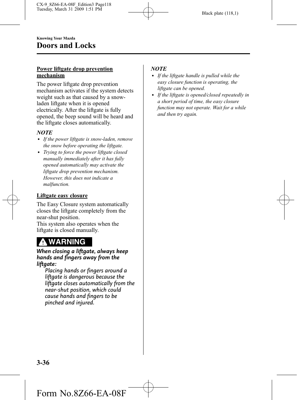 Doors and locks, Warning | Mazda 2009 CX-9 User Manual | Page 118 / 538