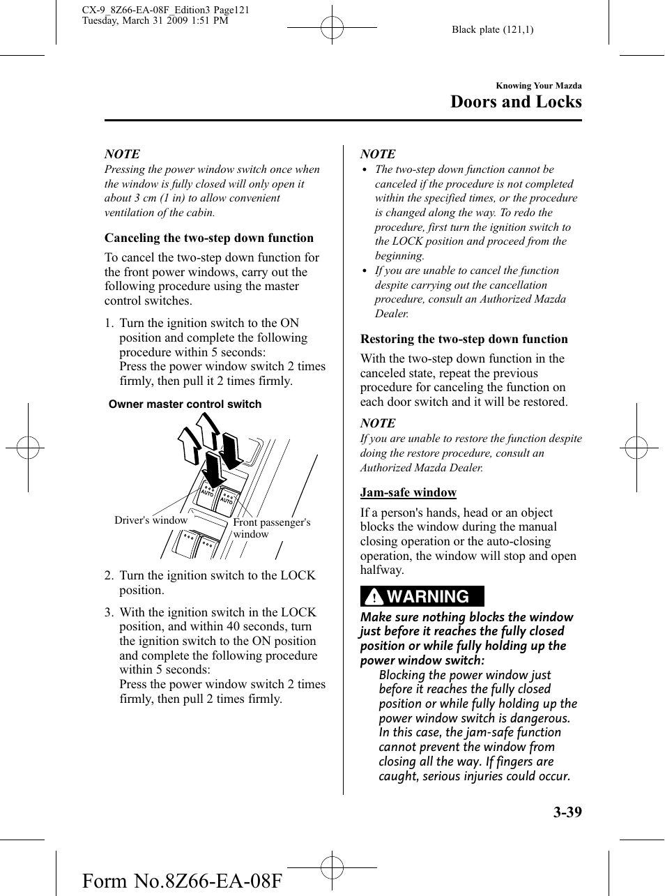 Doors and locks, Warning | Mazda 2009 CX-9 User Manual | Page 121 / 538