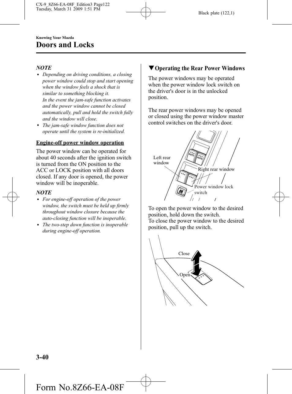 Doors and locks, Qoperating the rear power windows | Mazda 2009 CX-9 User Manual | Page 122 / 538