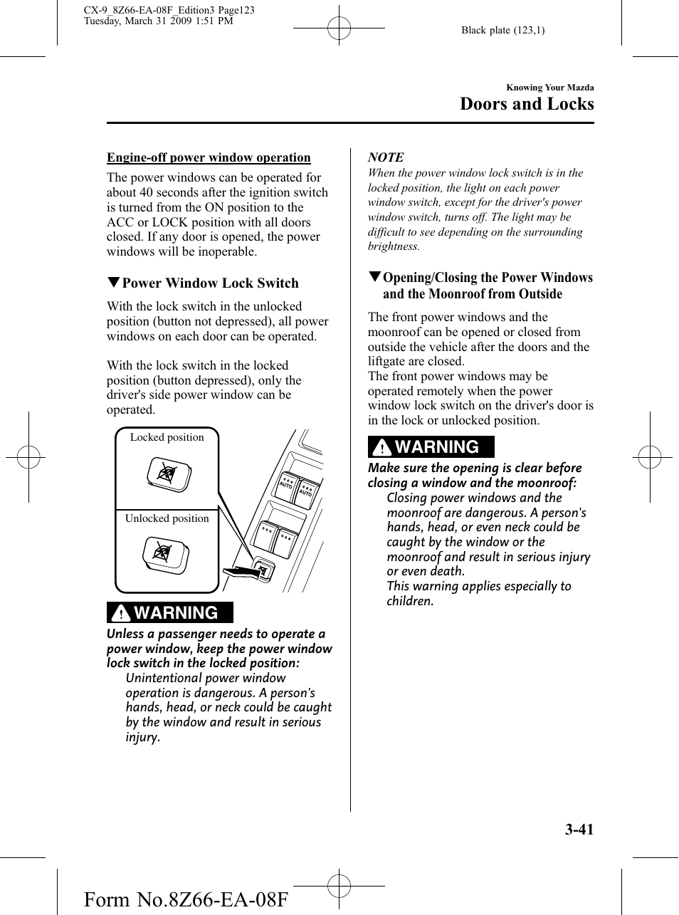 Doors and locks, Warning | Mazda 2009 CX-9 User Manual | Page 123 / 538