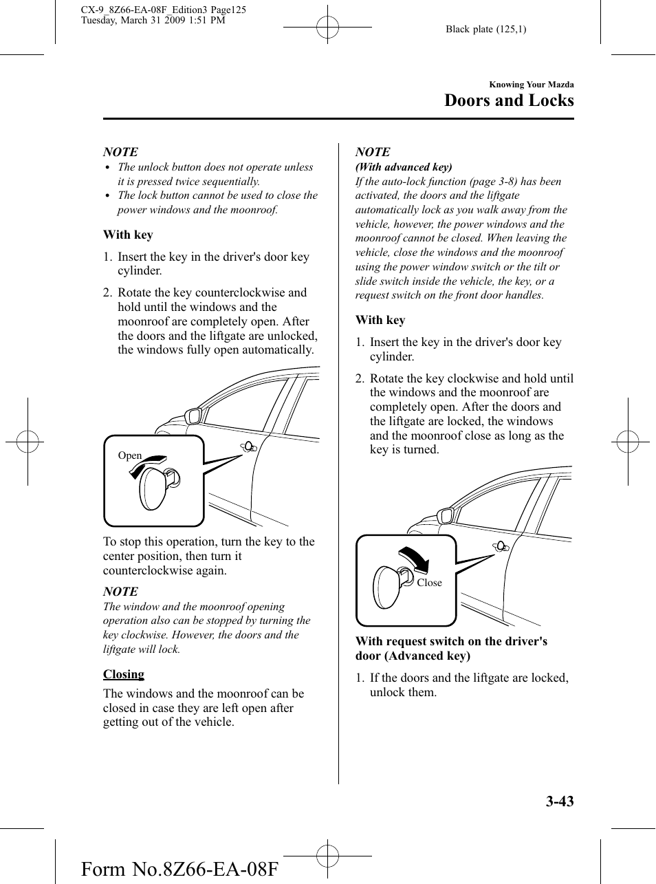 Doors and locks | Mazda 2009 CX-9 User Manual | Page 125 / 538
