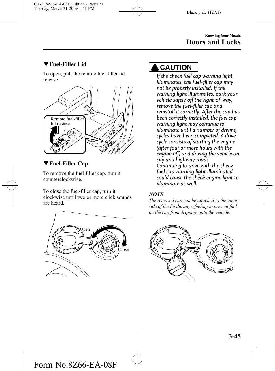 Doors and locks, Caution | Mazda 2009 CX-9 User Manual | Page 127 / 538