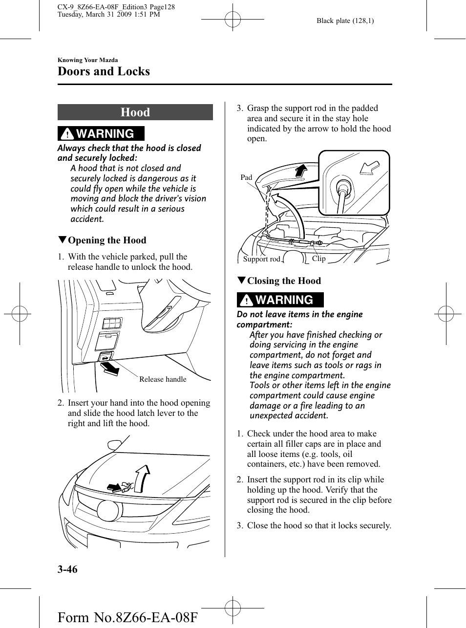 Hood, Hood -46, Doors and locks | Warning | Mazda 2009 CX-9 User Manual | Page 128 / 538