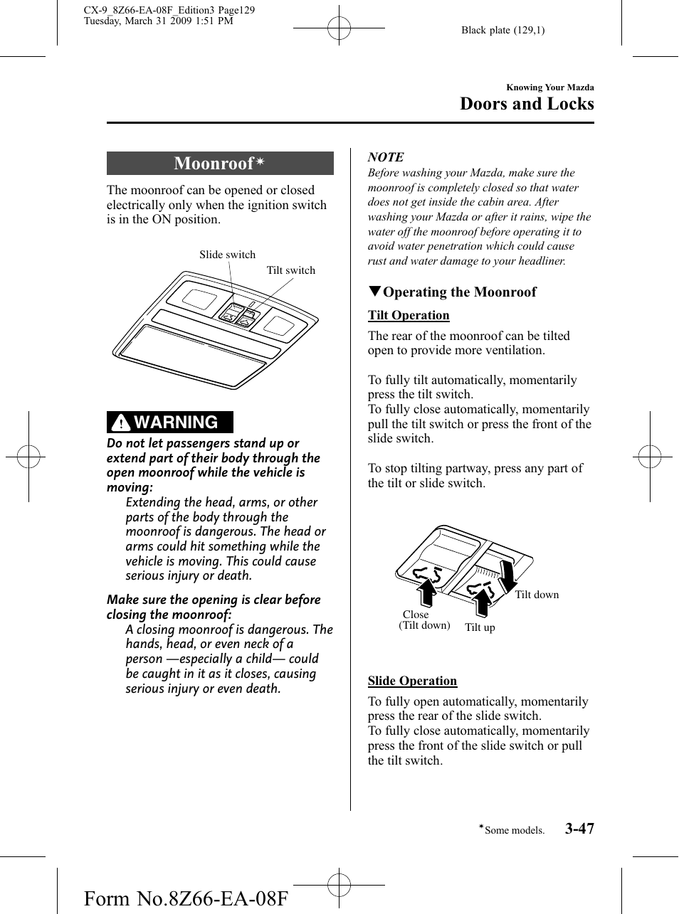 Moonroof, Doors and locks, Warning | Mazda 2009 CX-9 User Manual | Page 129 / 538