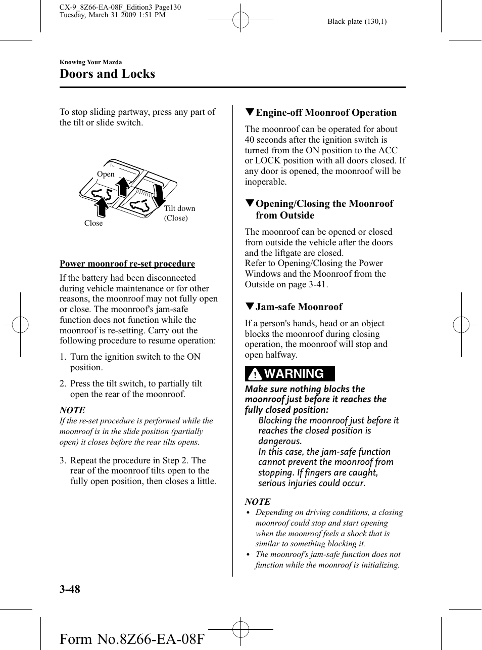 Doors and locks, Warning | Mazda 2009 CX-9 User Manual | Page 130 / 538