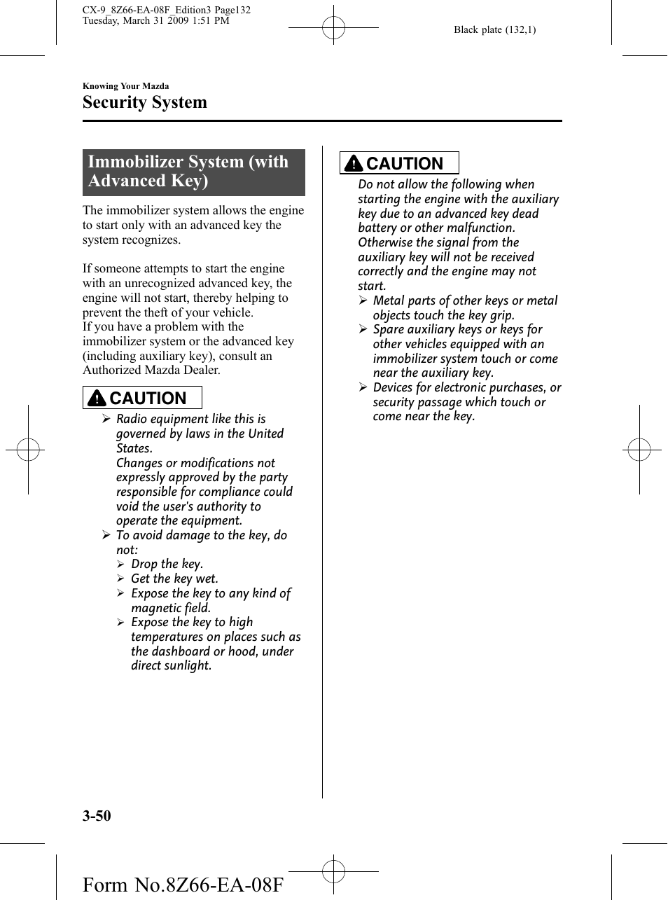 Security system, Immobilizer system (with advanced key), Security system -50 | Immobilizer system (with advanced key) -50, Caution | Mazda 2009 CX-9 User Manual | Page 132 / 538