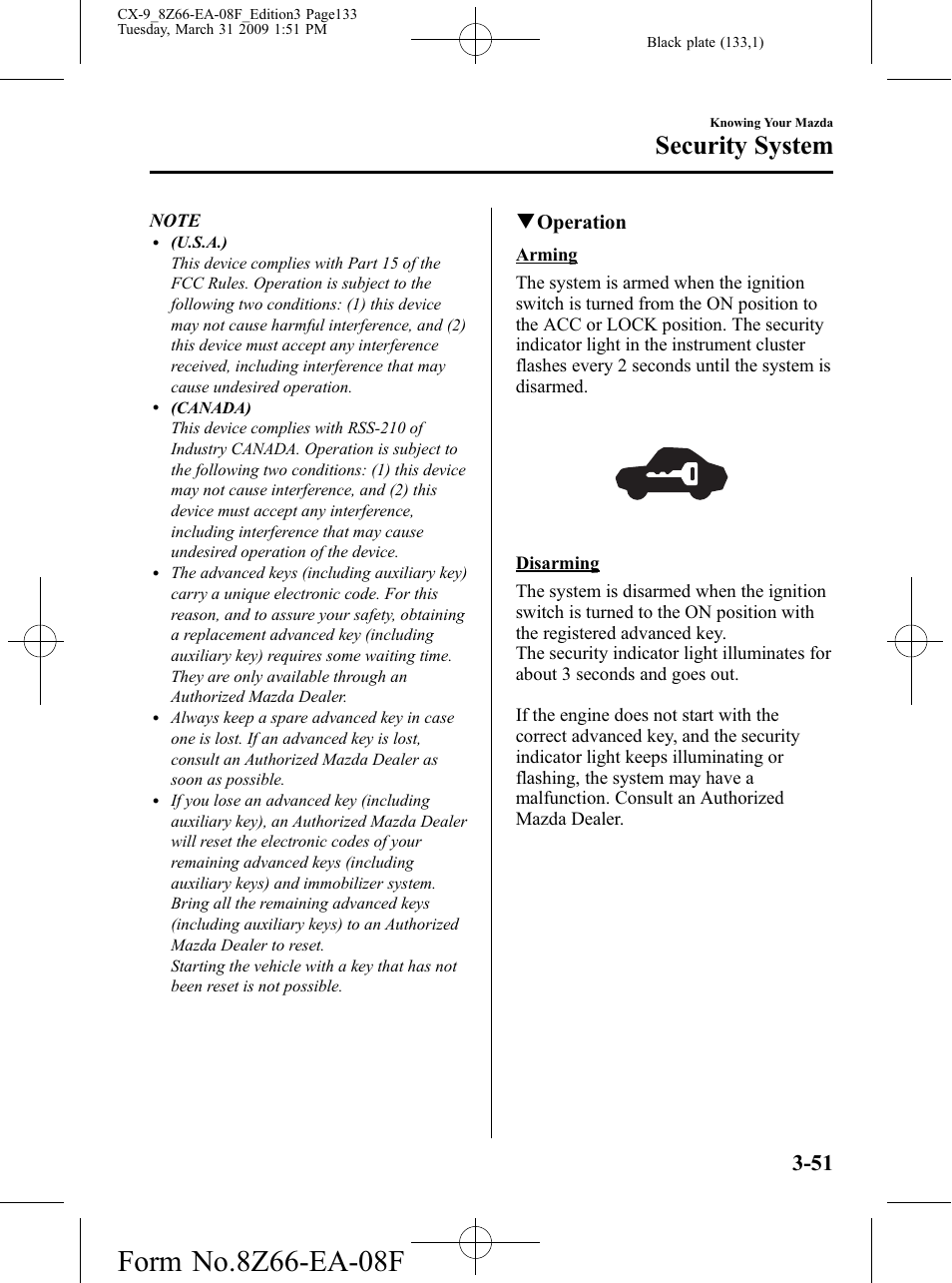 Security system, Qoperation | Mazda 2009 CX-9 User Manual | Page 133 / 538