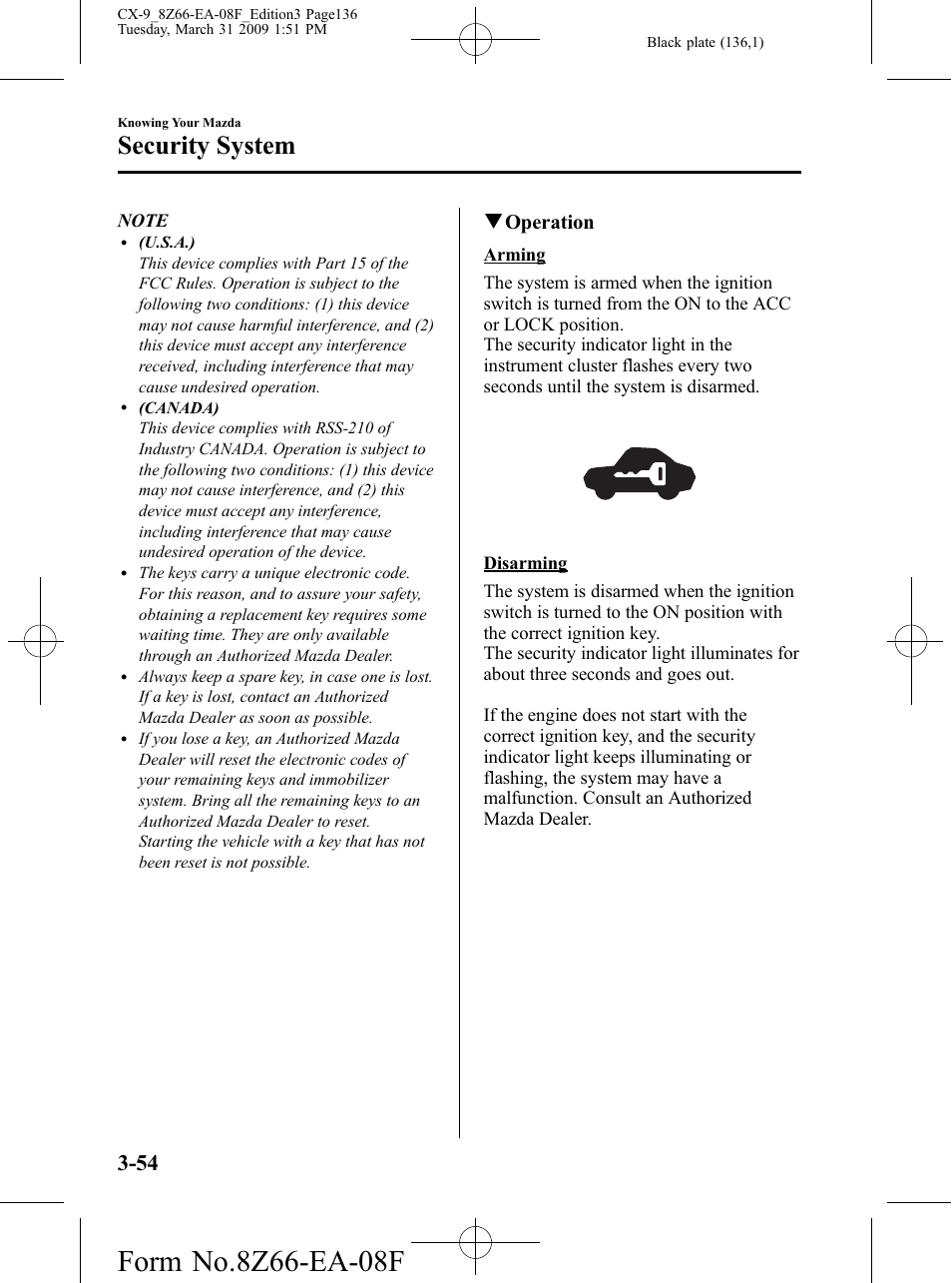 Security system, Qoperation | Mazda 2009 CX-9 User Manual | Page 136 / 538