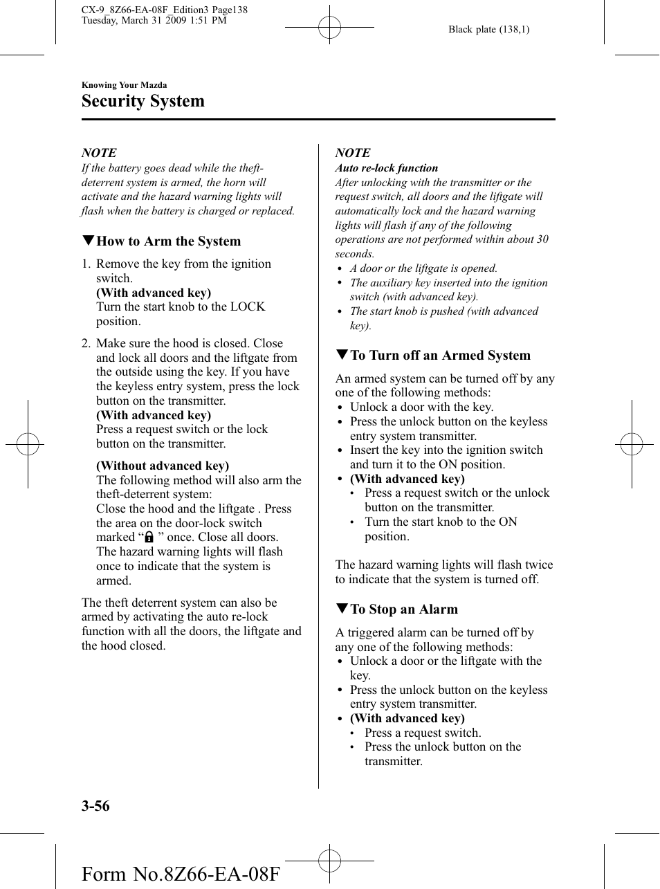 Security system, Qhow to arm the system, Qto turn off an armed system | Qto stop an alarm | Mazda 2009 CX-9 User Manual | Page 138 / 538