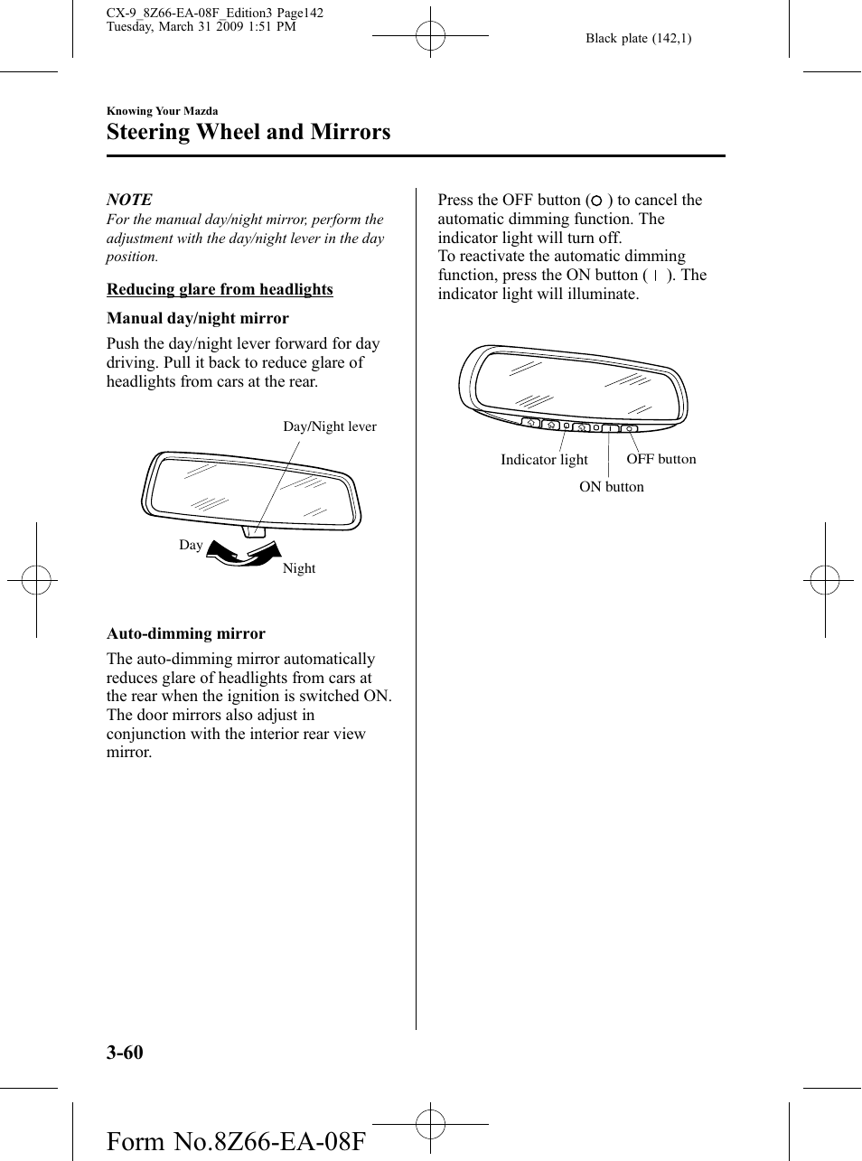 Steering wheel and mirrors | Mazda 2009 CX-9 User Manual | Page 142 / 538