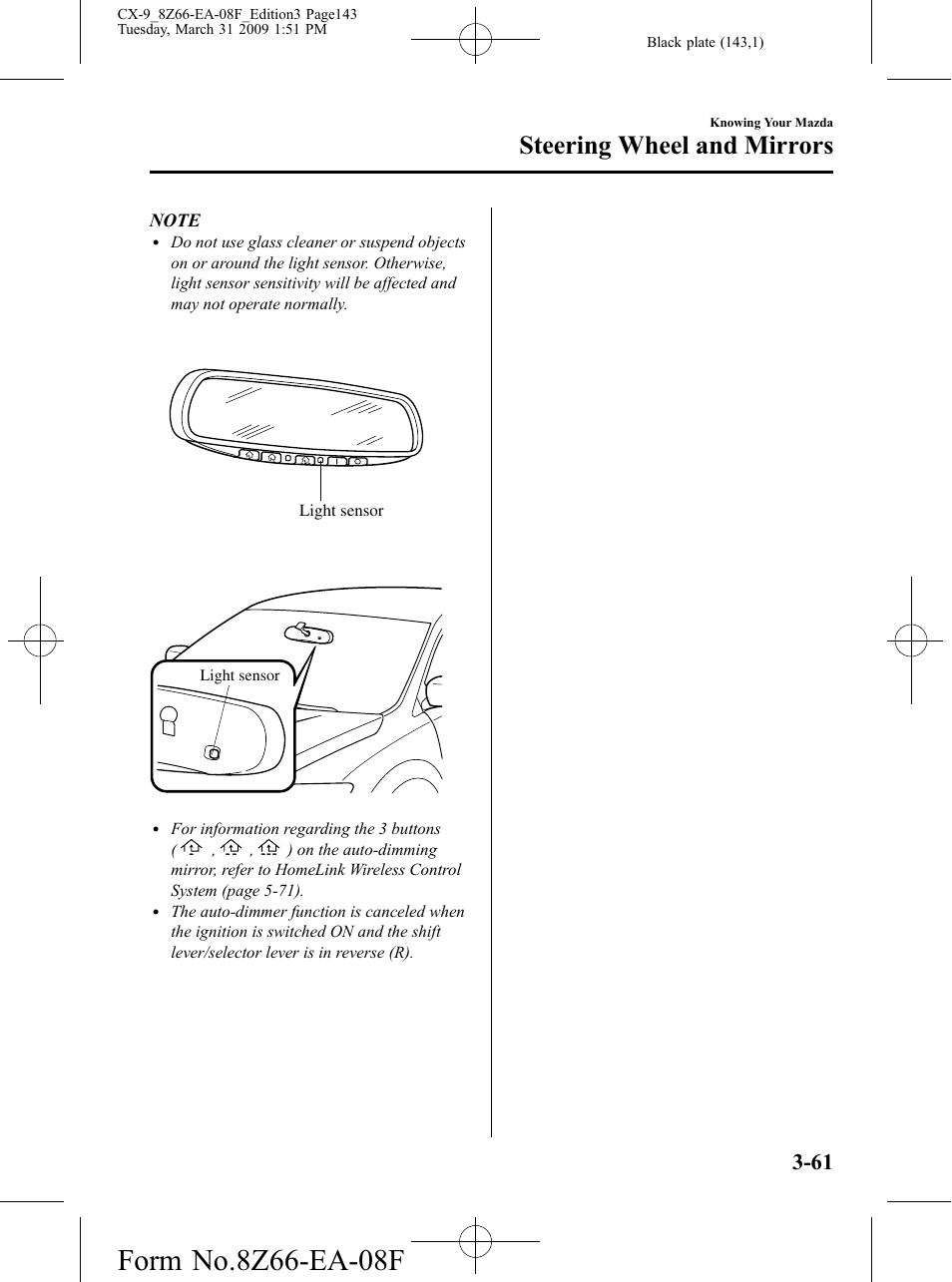 Steering wheel and mirrors | Mazda 2009 CX-9 User Manual | Page 143 / 538