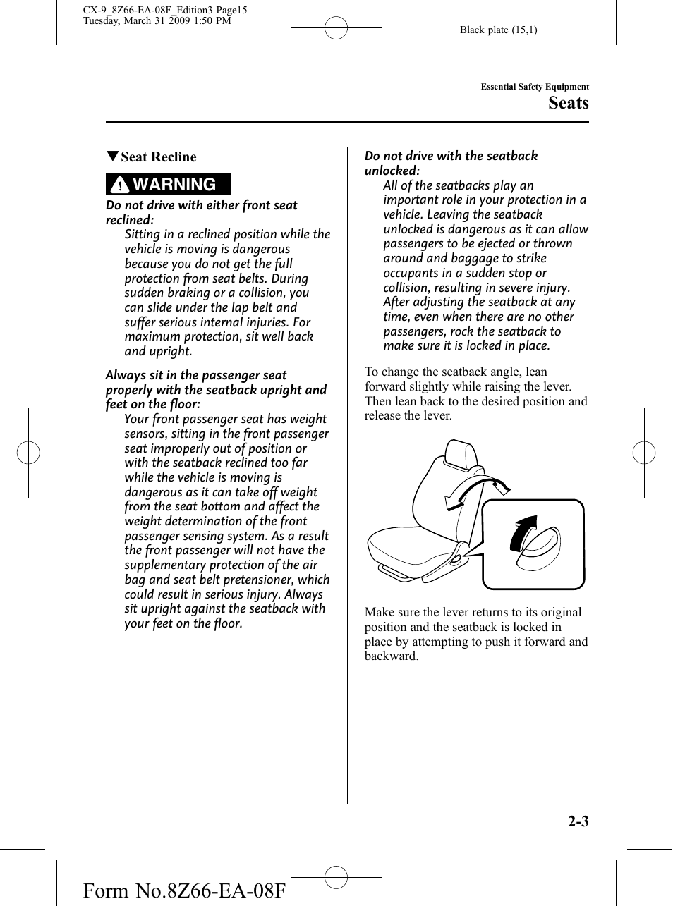 Seats, Warning | Mazda 2009 CX-9 User Manual | Page 15 / 538