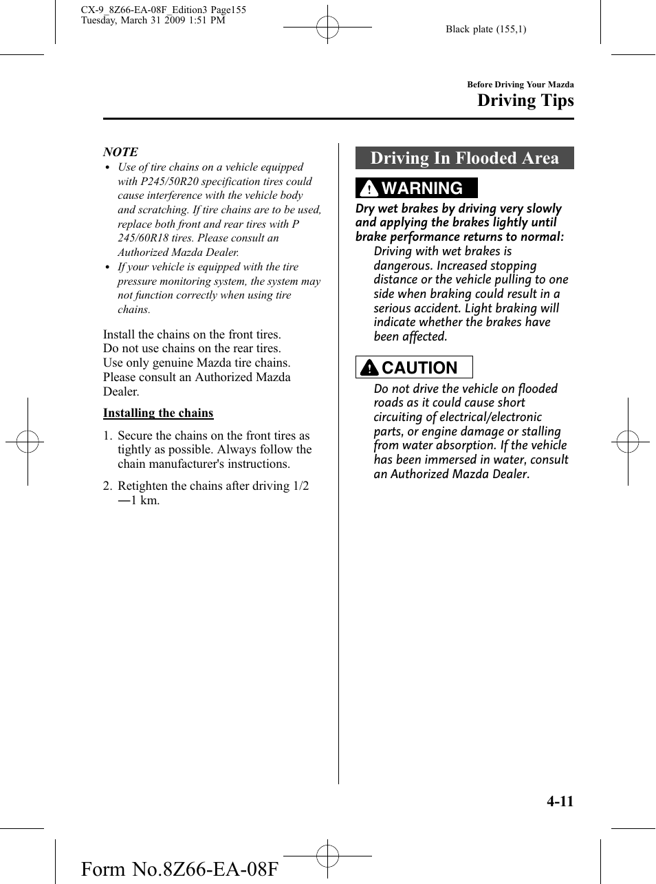 Driving in flooded area, Driving in flooded area -11, Driving tips | Warning, Caution | Mazda 2009 CX-9 User Manual | Page 155 / 538