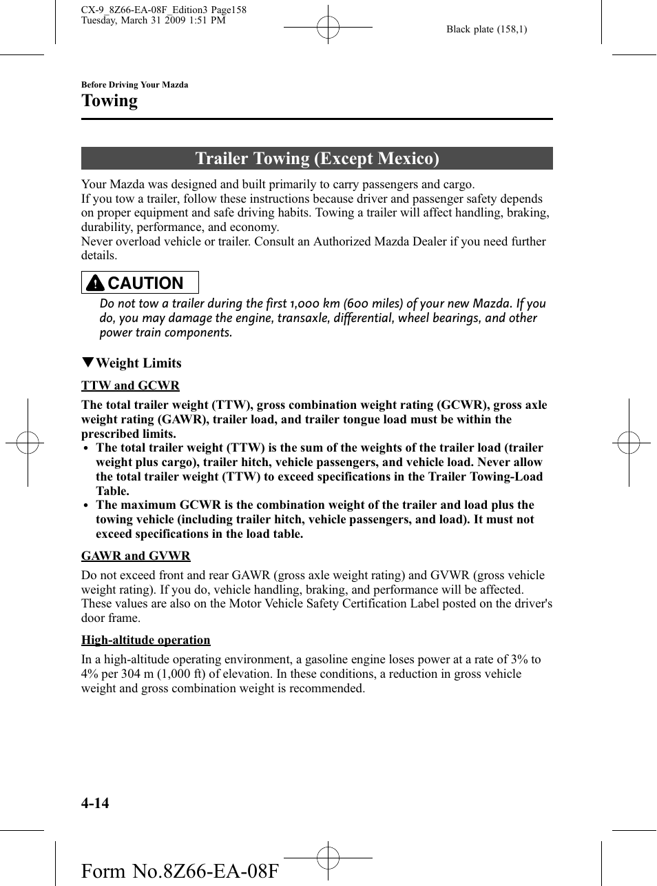 Towing, Trailer towing (except mexico), Towing -14 | Trailer towing (except mexico) -14, Caution | Mazda 2009 CX-9 User Manual | Page 158 / 538