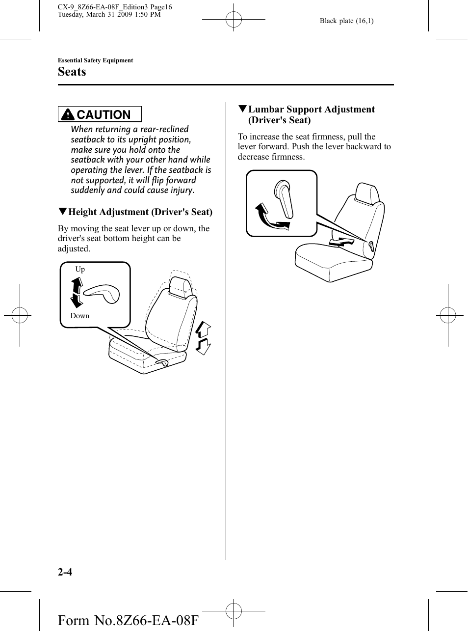 Seats, Caution | Mazda 2009 CX-9 User Manual | Page 16 / 538