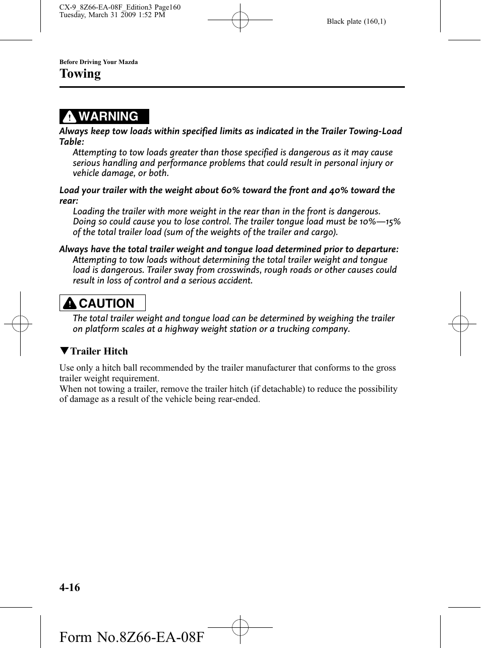 Towing, Warning, Caution | Mazda 2009 CX-9 User Manual | Page 160 / 538