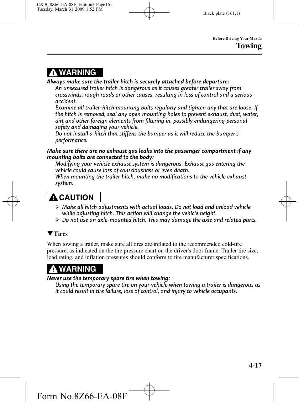 Towing, Warning, Caution | Mazda 2009 CX-9 User Manual | Page 161 / 538