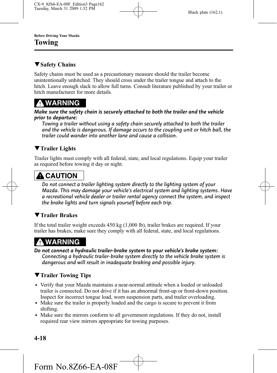 Towing, Warning, Caution | Mazda 2009 CX-9 User Manual | Page 162 / 538