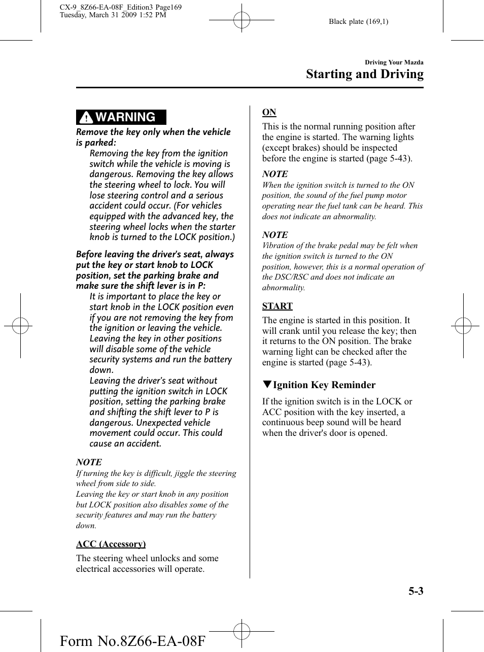 Starting and driving, Warning | Mazda 2009 CX-9 User Manual | Page 169 / 538