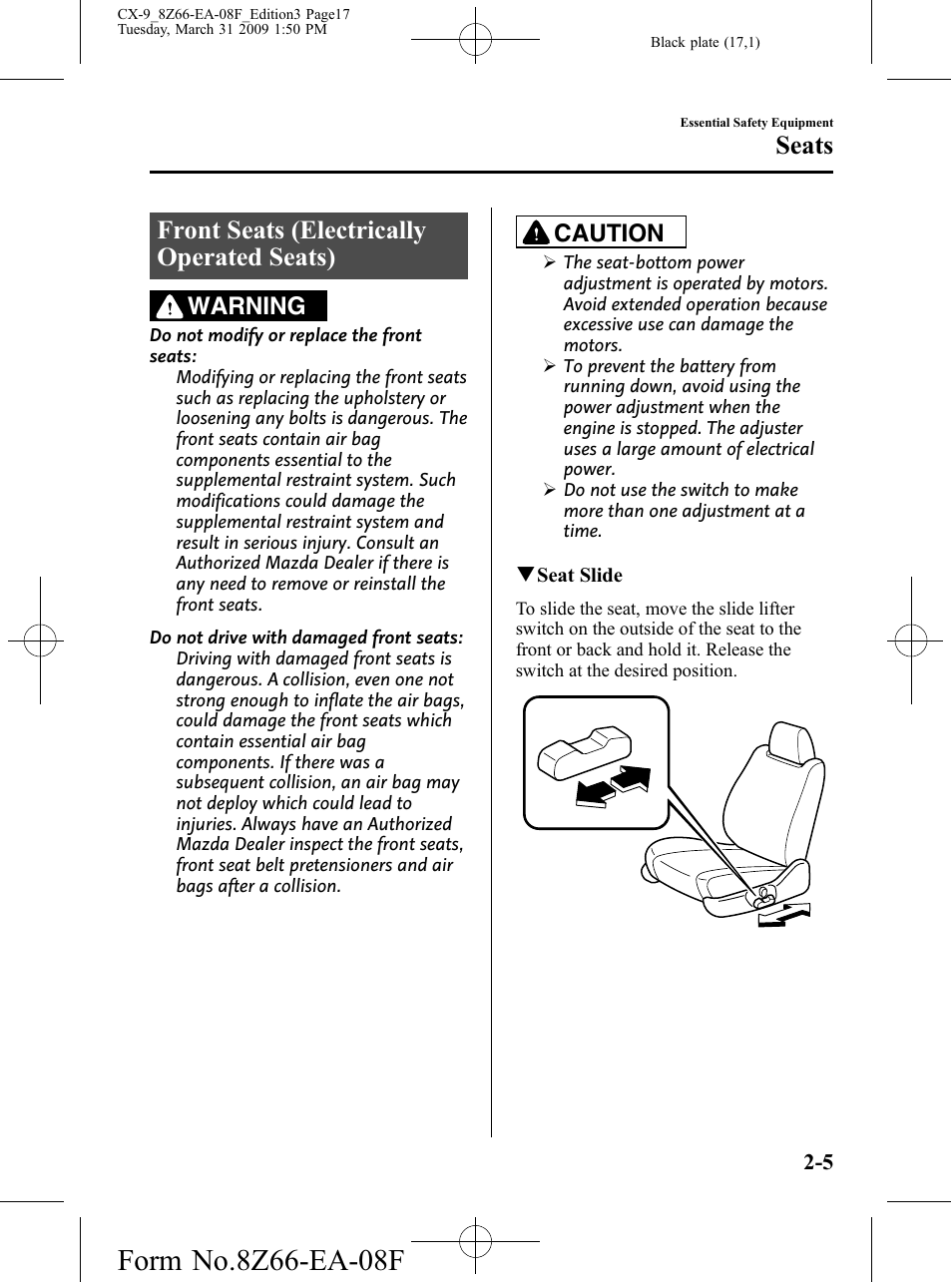 Front seats (electrically operated seats), Front seats (electrically operated seats) -5, Seats | Warning, Caution | Mazda 2009 CX-9 User Manual | Page 17 / 538