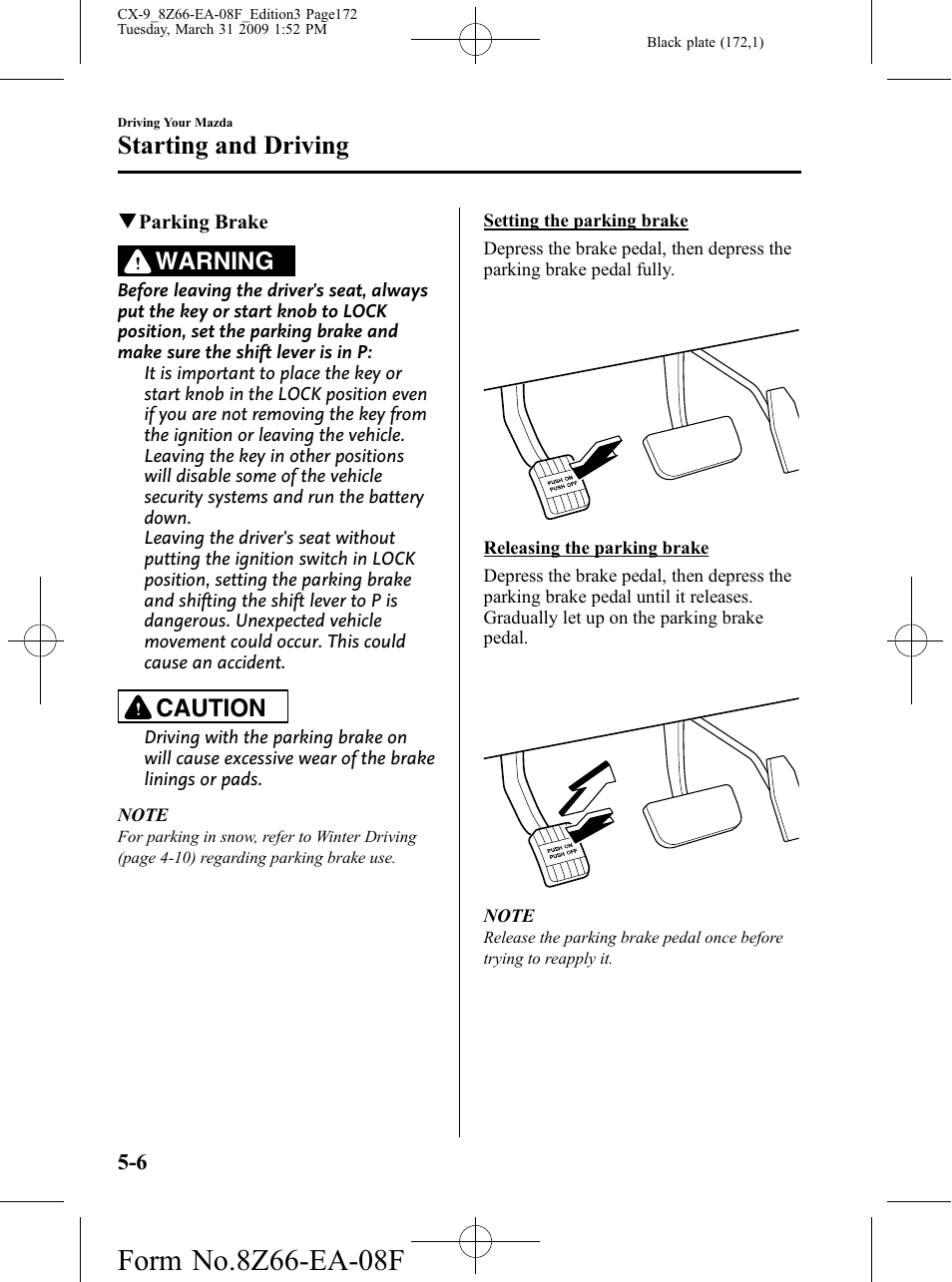 Starting and driving, Warning, Caution | Mazda 2009 CX-9 User Manual | Page 172 / 538