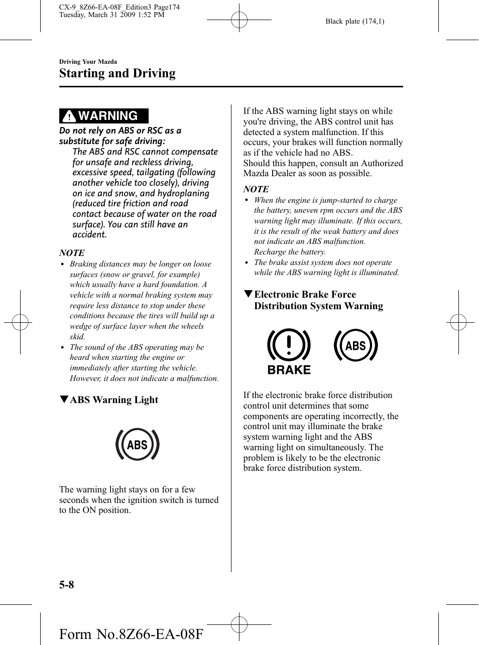 Starting and driving, Warning | Mazda 2009 CX-9 User Manual | Page 174 / 538