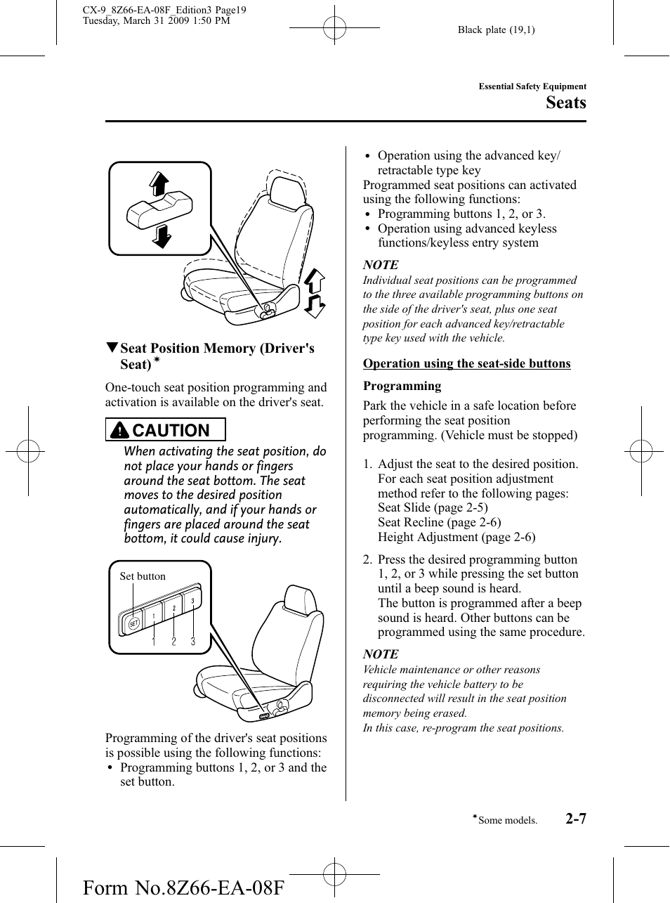 Seats, Caution | Mazda 2009 CX-9 User Manual | Page 19 / 538