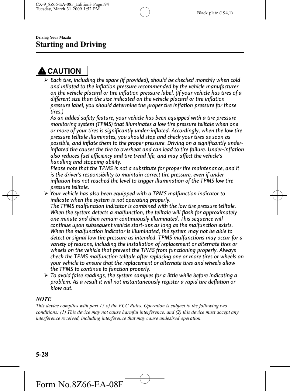 Starting and driving, Caution | Mazda 2009 CX-9 User Manual | Page 194 / 538