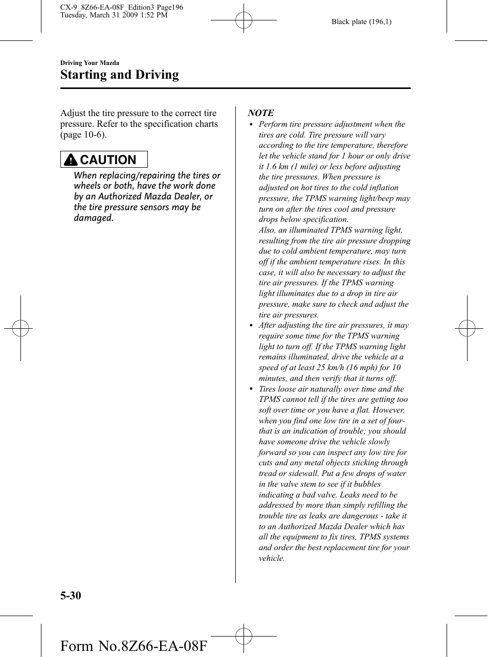 Starting and driving, Caution | Mazda 2009 CX-9 User Manual | Page 196 / 538