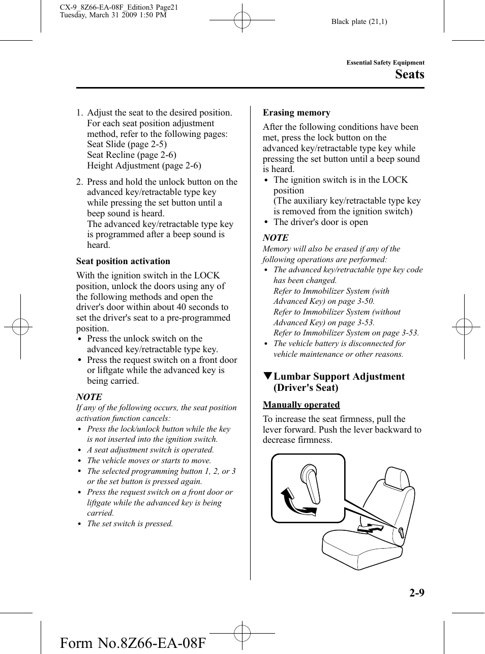 Seats, Qlumbar support adjustment (driver's seat) | Mazda 2009 CX-9 User Manual | Page 21 / 538