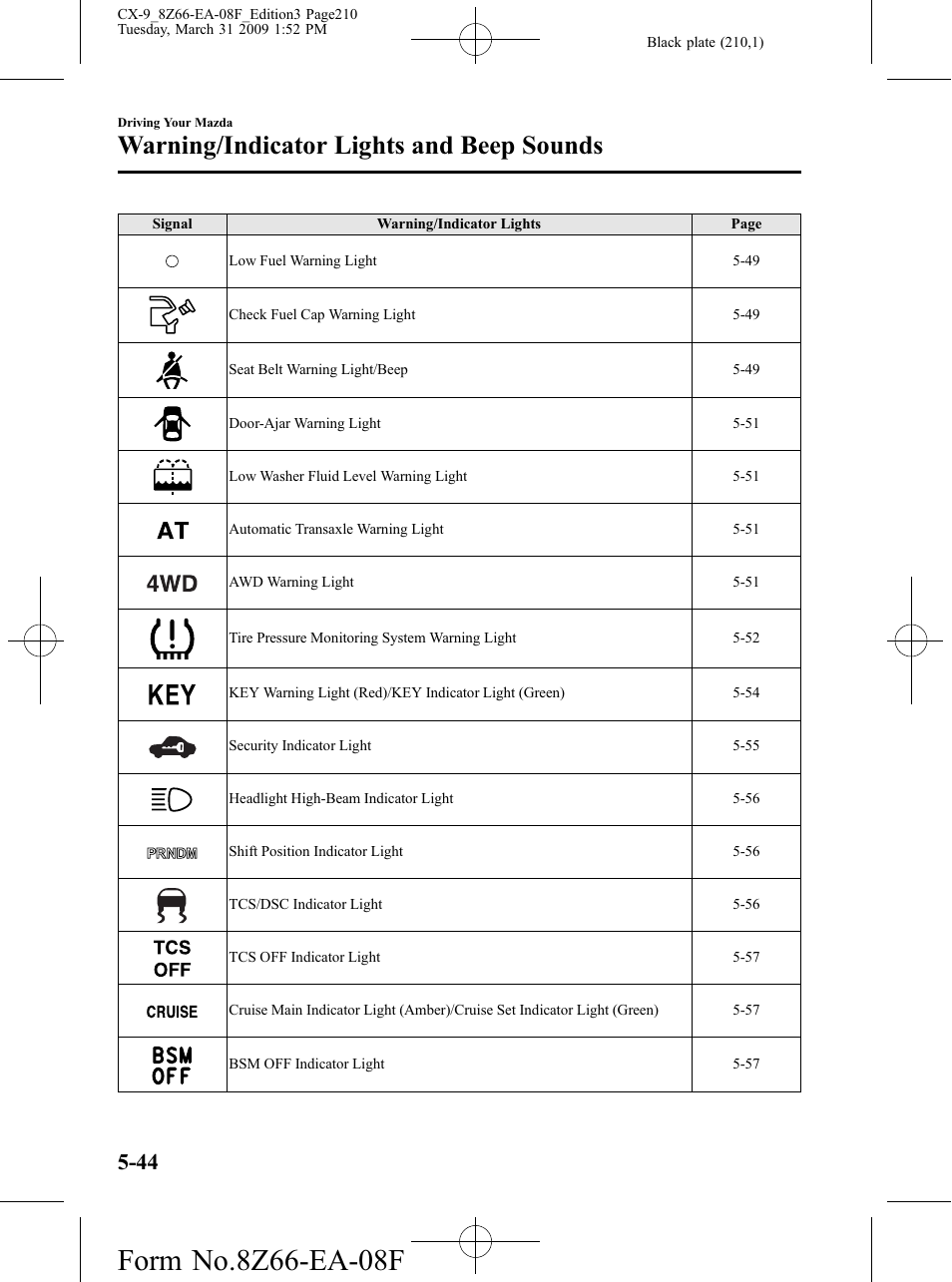 Warning/indicator lights and beep sounds | Mazda 2009 CX-9 User Manual | Page 210 / 538
