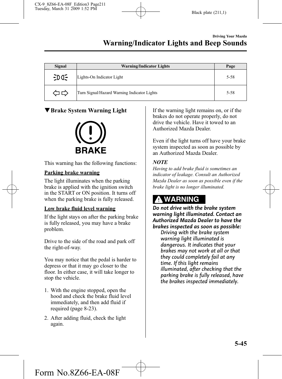 Warning/indicator lights and beep sounds, Warning | Mazda 2009 CX-9 User Manual | Page 211 / 538