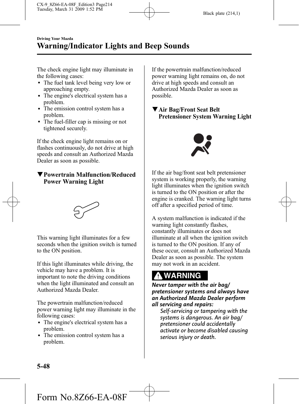 Warning/indicator lights and beep sounds, Warning | Mazda 2009 CX-9 User Manual | Page 214 / 538