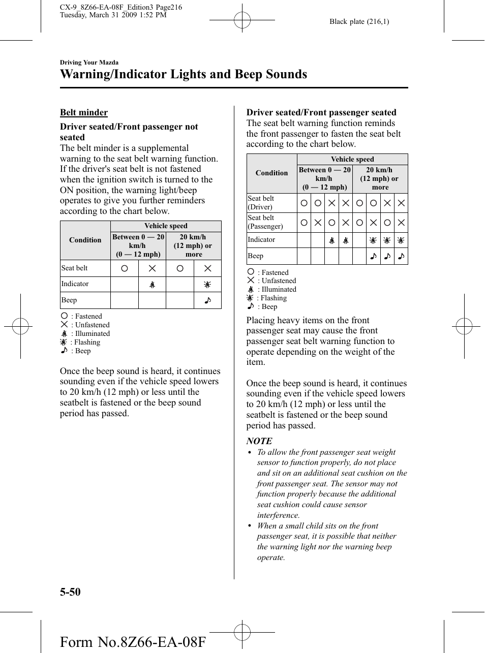 Warning/indicator lights and beep sounds | Mazda 2009 CX-9 User Manual | Page 216 / 538