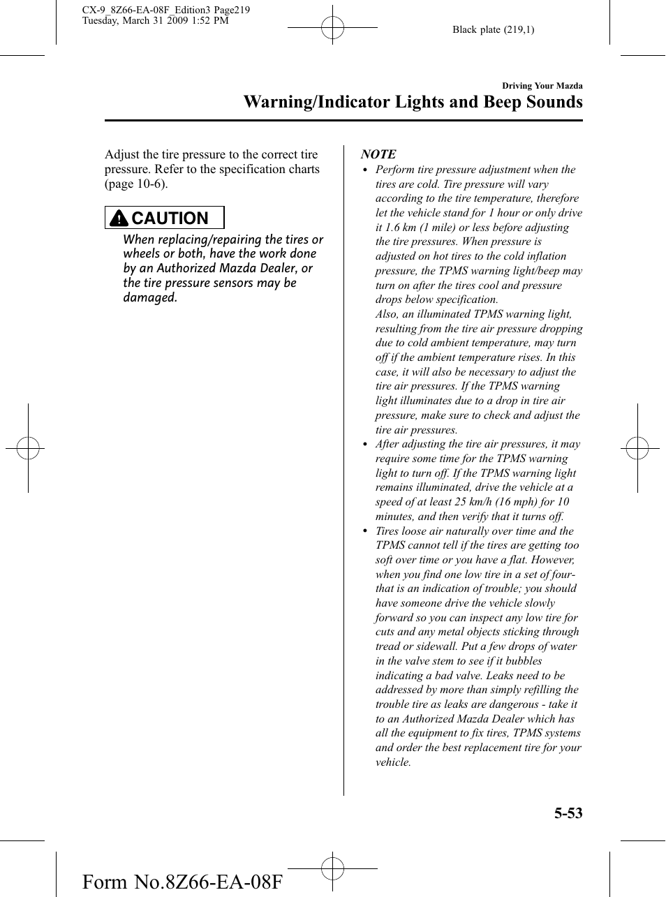Warning/indicator lights and beep sounds, Caution | Mazda 2009 CX-9 User Manual | Page 219 / 538