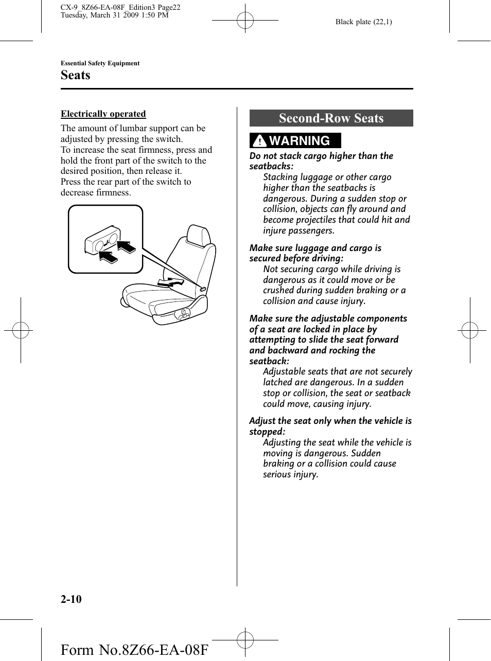 Second-row seats, Second-row seats -10, Seats | Warning | Mazda 2009 CX-9 User Manual | Page 22 / 538