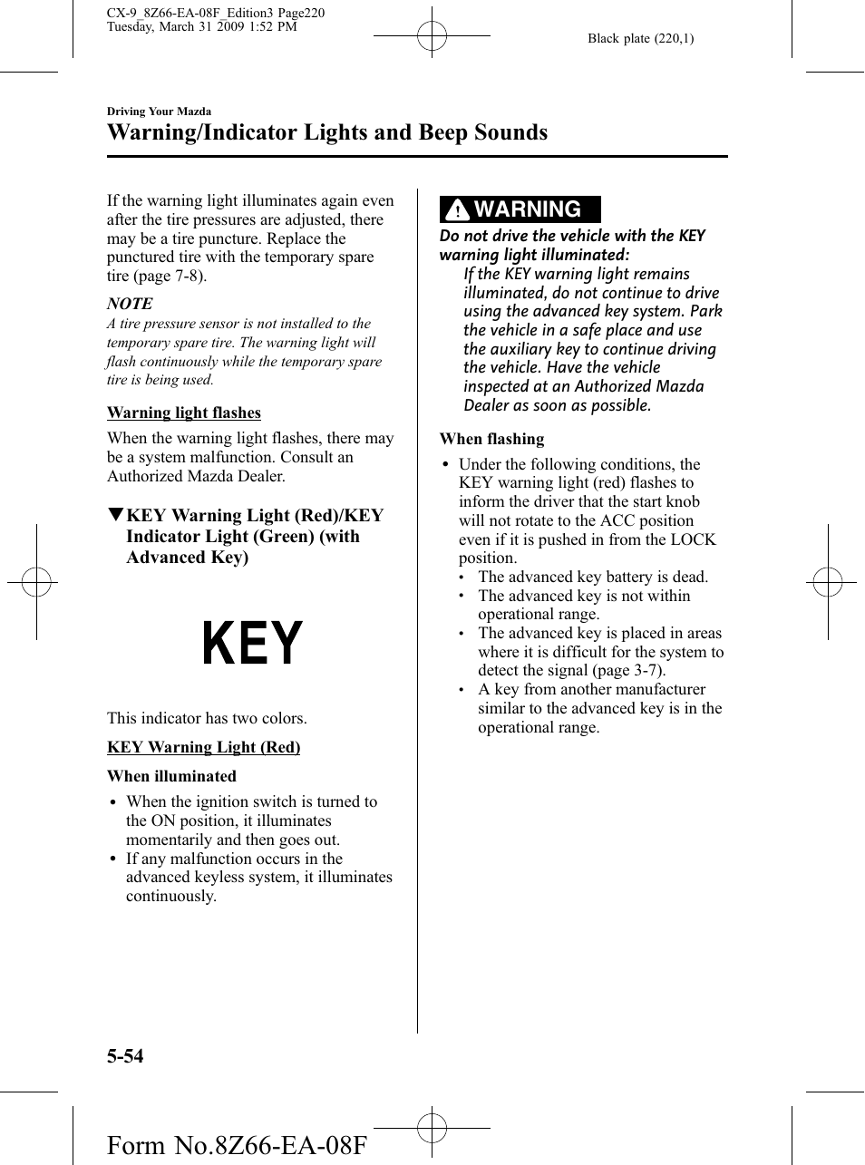 Warning/indicator lights and beep sounds, Warning | Mazda 2009 CX-9 User Manual | Page 220 / 538