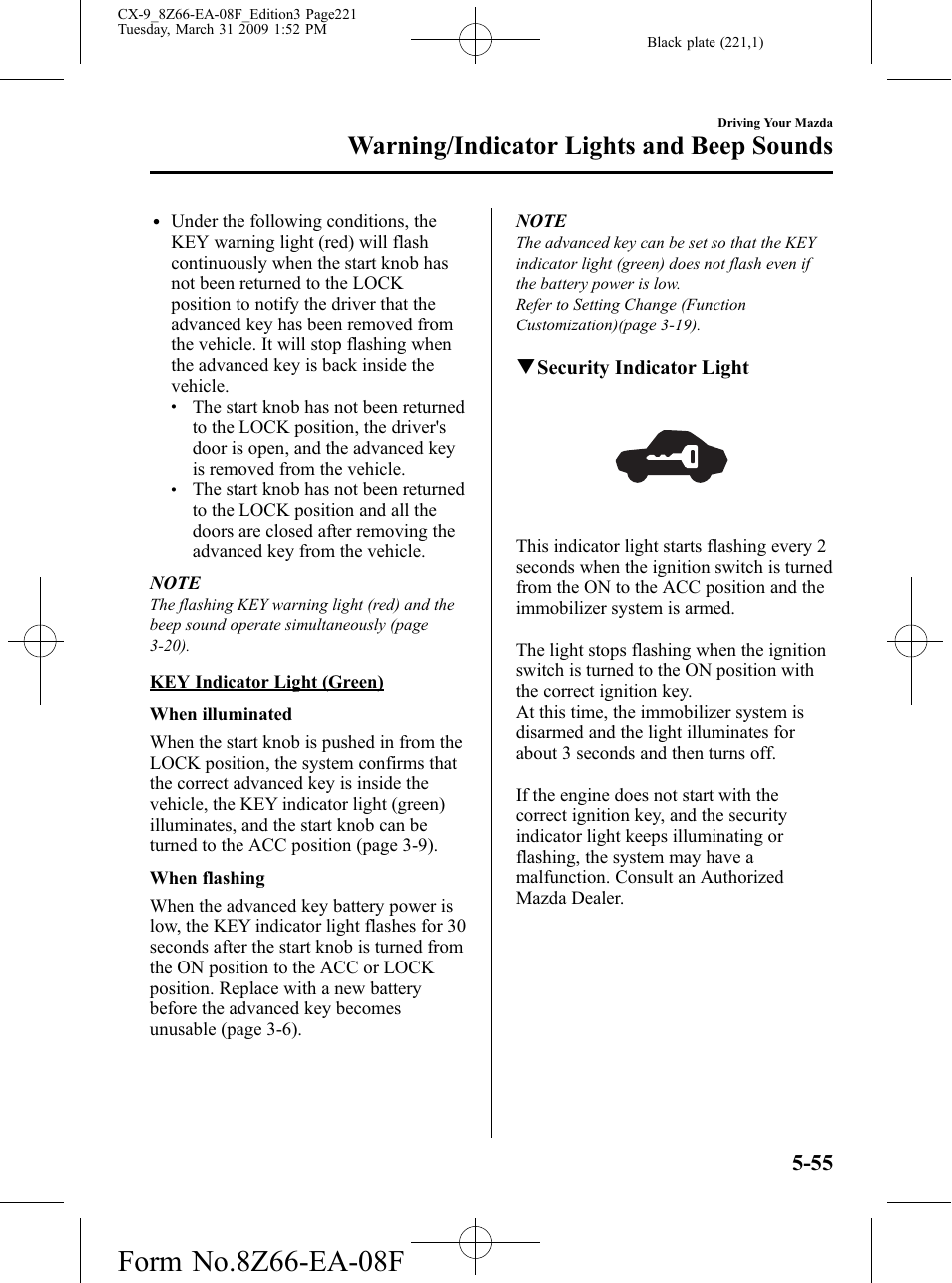 Warning/indicator lights and beep sounds | Mazda 2009 CX-9 User Manual | Page 221 / 538