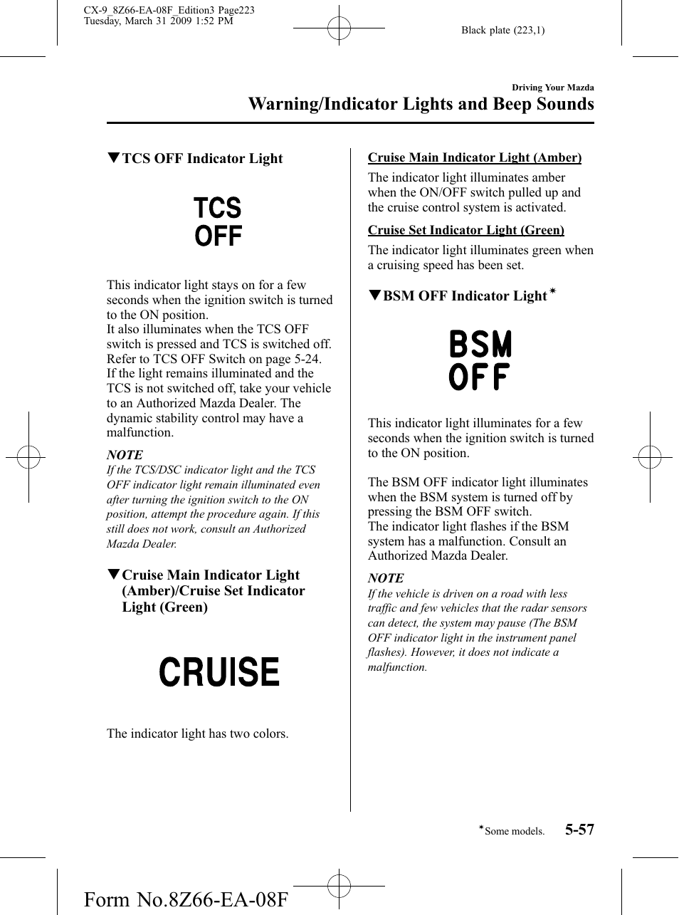 Warning/indicator lights and beep sounds | Mazda 2009 CX-9 User Manual | Page 223 / 538