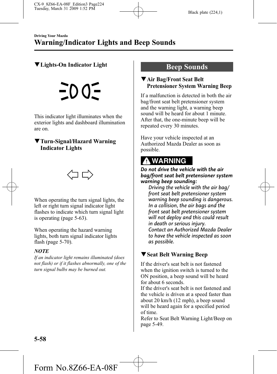 Beep sounds, Beep sounds -58, Warning/indicator lights and beep sounds | Warning | Mazda 2009 CX-9 User Manual | Page 224 / 538