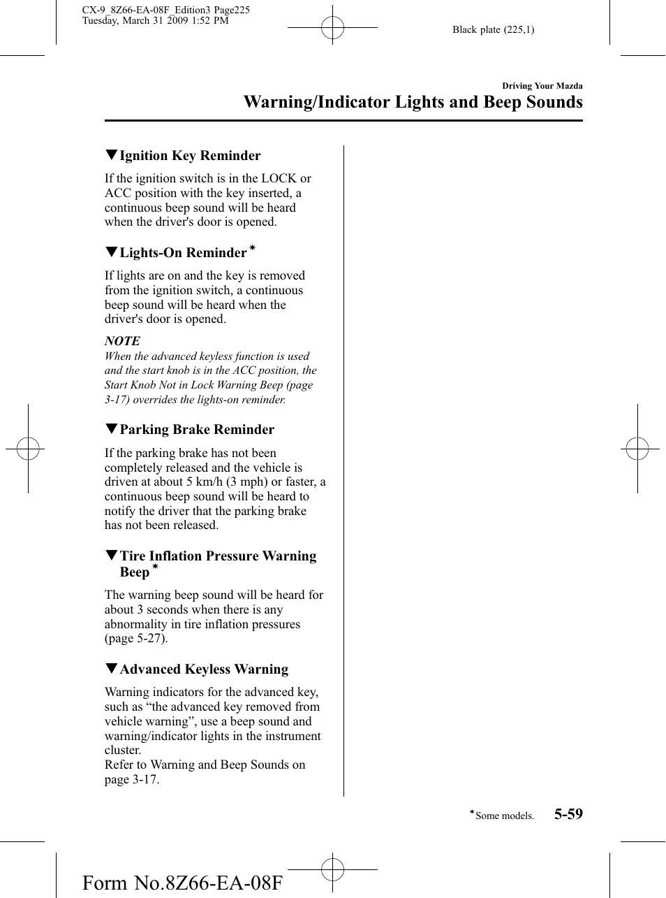 Warning/indicator lights and beep sounds | Mazda 2009 CX-9 User Manual | Page 225 / 538