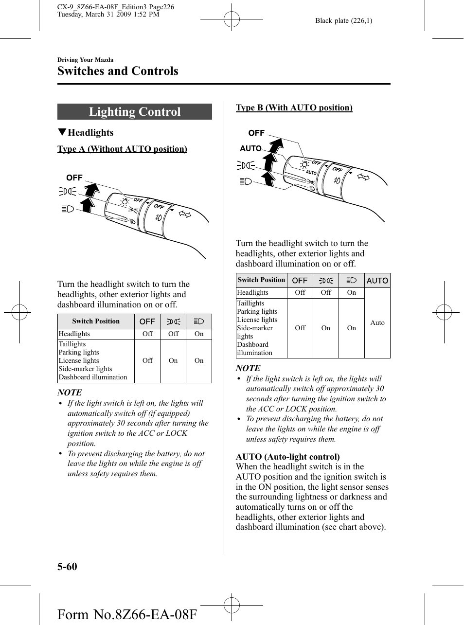 Switches and controls, Lighting control, Switches and controls -60 | Lighting control -60, Qheadlights | Mazda 2009 CX-9 User Manual | Page 226 / 538