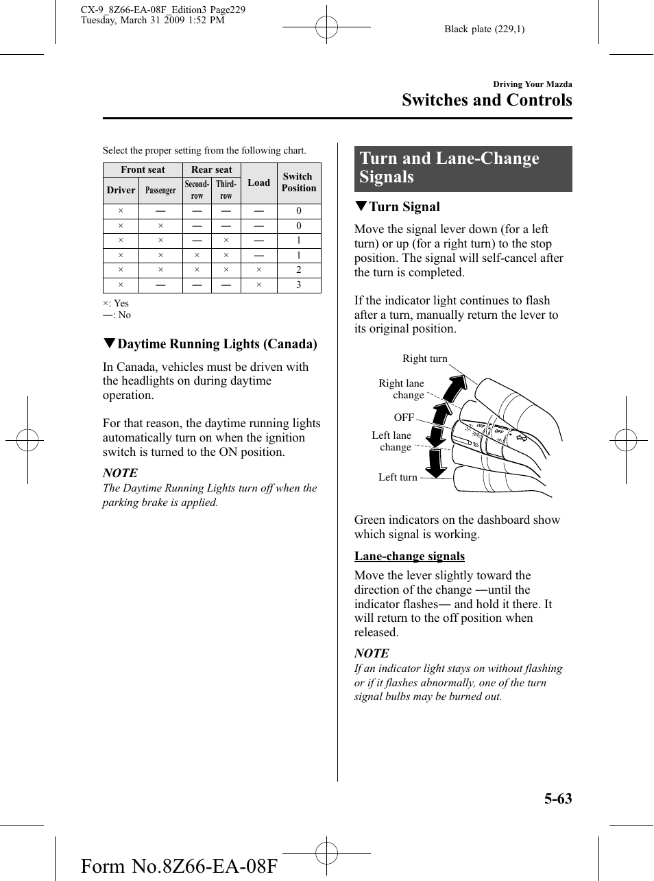 Turn and lane-change signals, Turn and lane-change signals -63, Switches and controls | Qdaytime running lights (canada), Qturn signal | Mazda 2009 CX-9 User Manual | Page 229 / 538