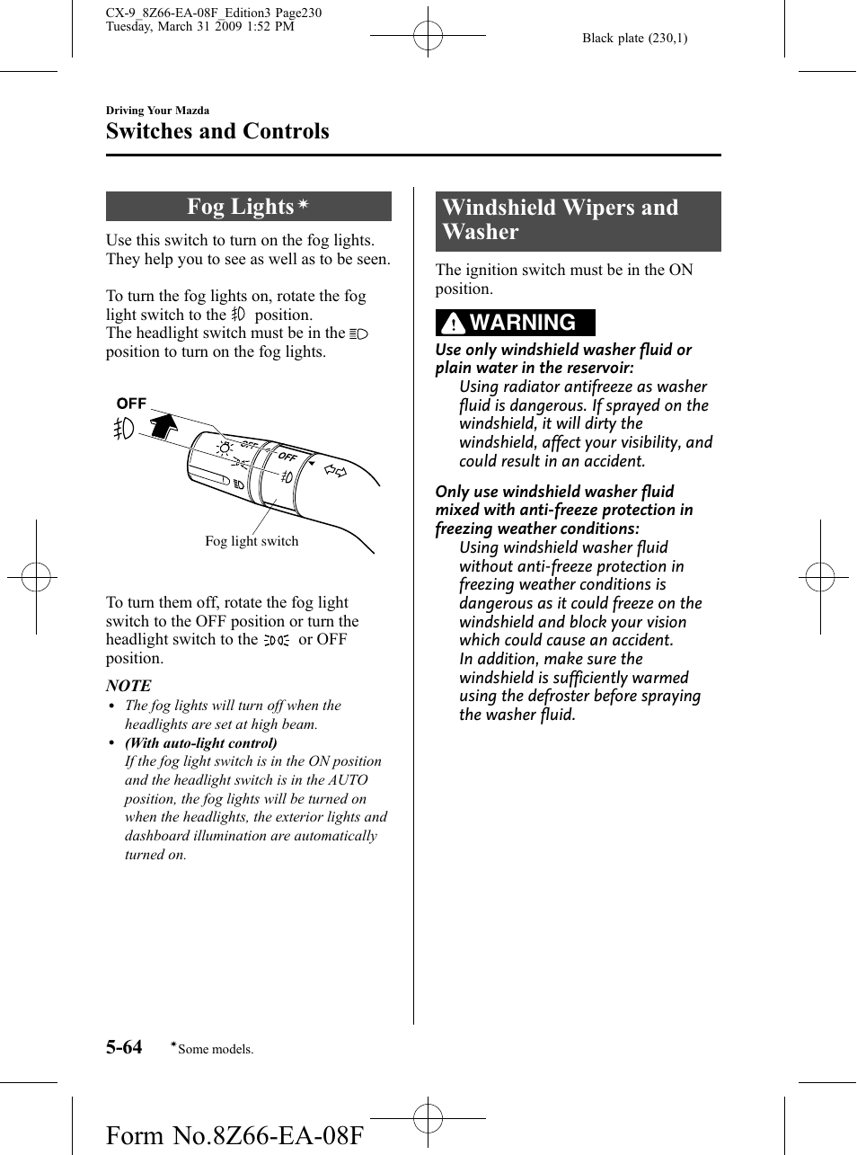 Fog lights, Windshield wipers and washer, Windshield wipers and washer -64 | Switches and controls, Warning | Mazda 2009 CX-9 User Manual | Page 230 / 538