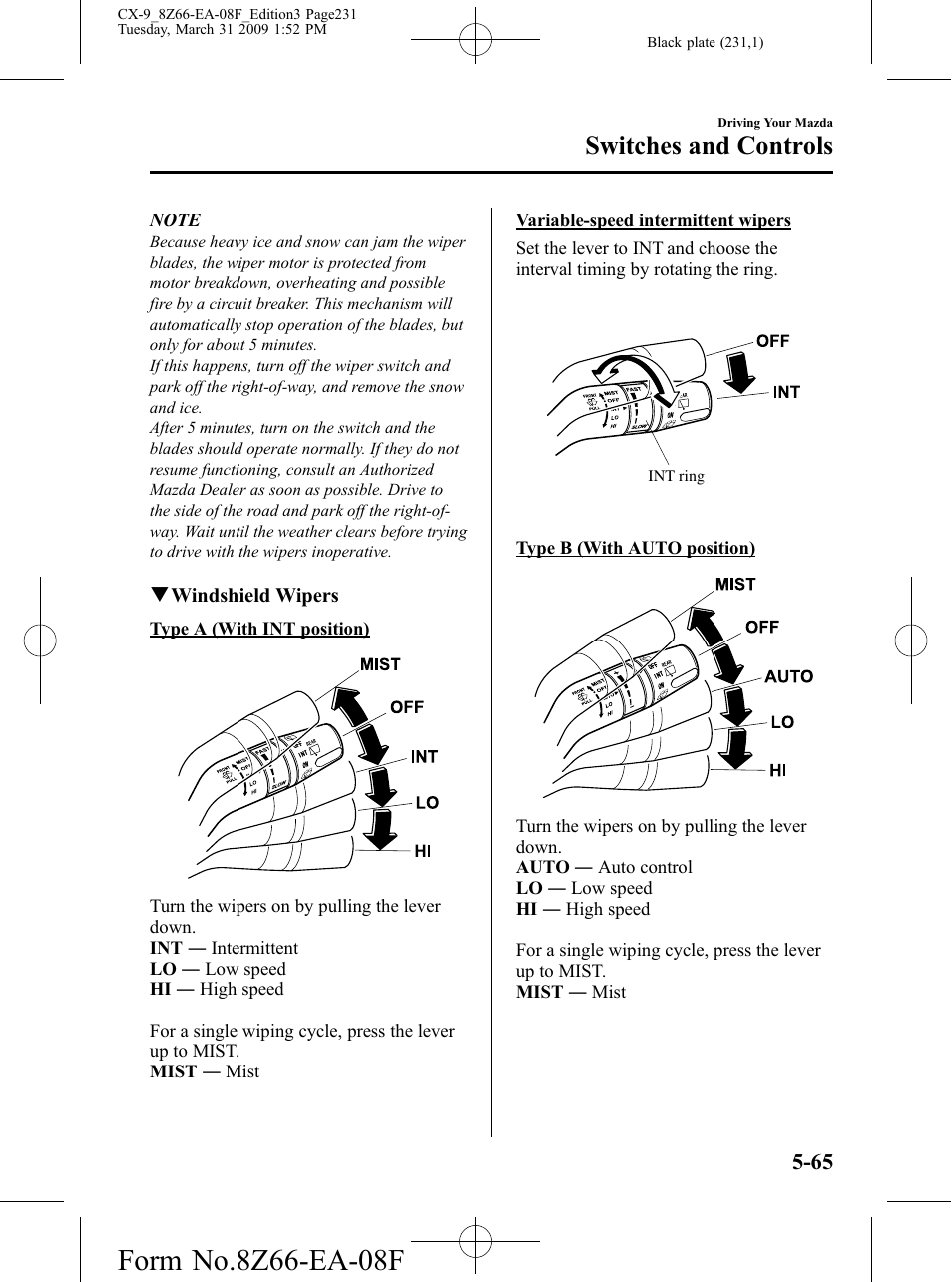 Switches and controls | Mazda 2009 CX-9 User Manual | Page 231 / 538