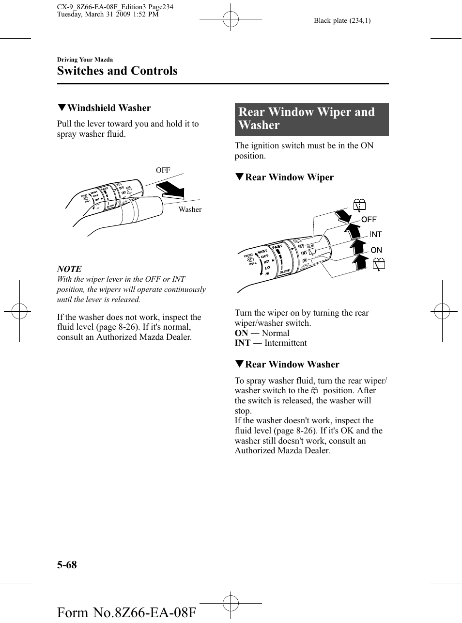 Rear window wiper and washer, Rear window wiper and washer -68, Switches and controls | Mazda 2009 CX-9 User Manual | Page 234 / 538