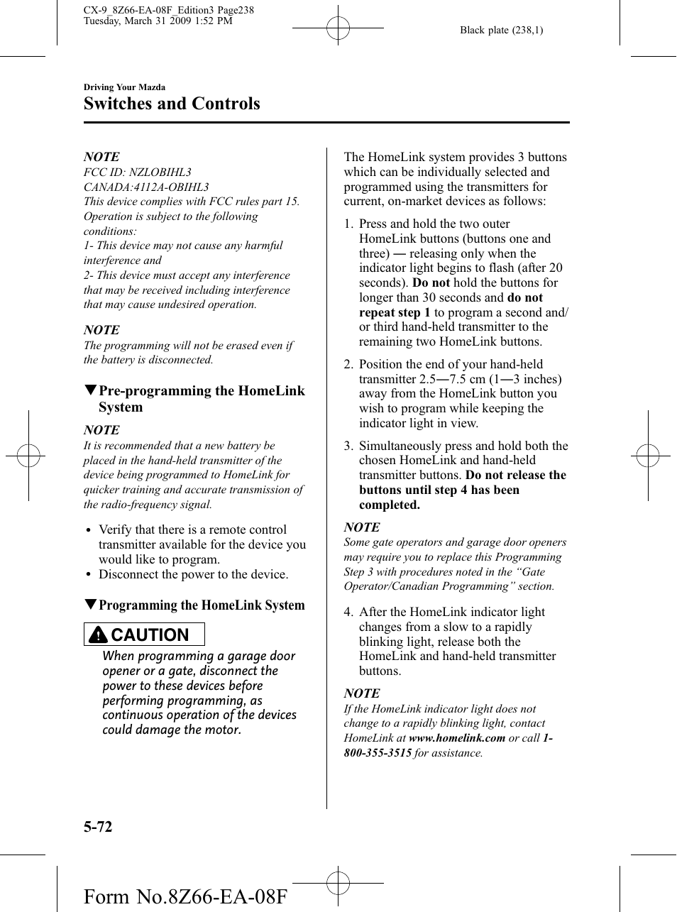 Switches and controls, Caution | Mazda 2009 CX-9 User Manual | Page 238 / 538