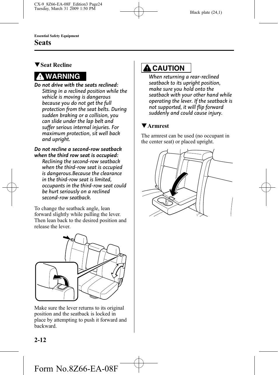 Seats, Warning, Caution | Mazda 2009 CX-9 User Manual | Page 24 / 538